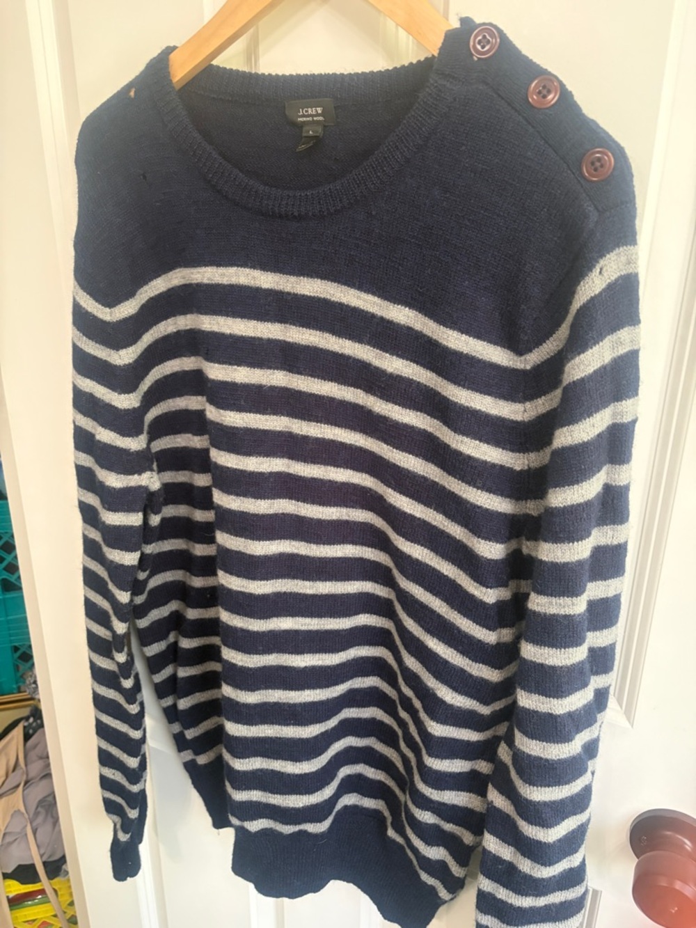 J. Crew womens Navy and White Striped merino wool Button-Shoulder Sweater. - Picture 2 of 13